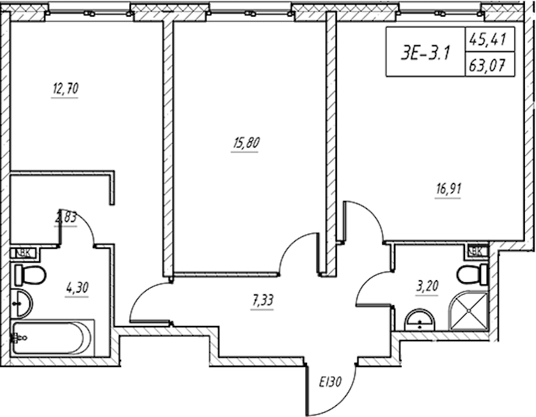 2-комнатная квартира 63.07 м², 2/14 эт., Комплекс апартаментов «Zoom на Неве»